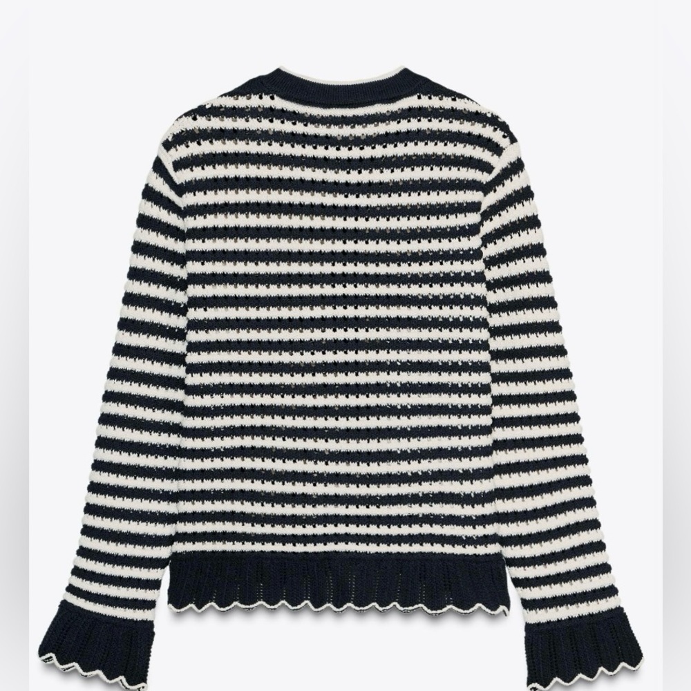 ZARA Navy and White Striped Ruffle Trim Cardigan Sweater - Size L - NEW - Picture 7 of 7